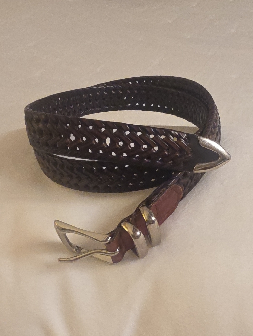 Men's Bonded Woven Leather Belt in Dark Brown with Silver Buckle Size 40